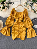 Elegant Solid Dress Women Ruched V Neck Flare Sleeve Slim Dresses Autumn Korean Fashion Streetwear Short