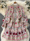 Women Retro Print Cascading Dress 2022 Spring Designer Runway Lace Round Neck Flare Sleeve Chic Flower Party Vestido