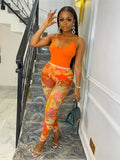 Summer Sexy Womens 2 Two Peice Set Outfits Sleeveless Backless Tops Skinny Mesh Skinny Print Pants Sets Blue Matching