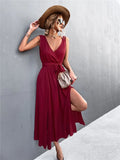 Romantic V-neck Sleeveless Solid Belted A-line Holiday