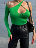 Hollow Out Green Sexy Bodycon Bodysuit Women Long Sleeve Y2K Body Tops One Shoulder Fashion Streetwear