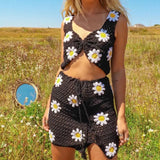 Floral Crochet Crop Cami Top and High Waist Split Skirt Summer Knitted Suit Beach Vacation Two Piece Set Women