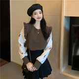 Spring Splicing Bubble Sleeve Knitted Sweater Women's Season Design Sense Niche Lotus Side Long Sleeve
