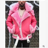 Men's Imitation Leather Plus Thick Fur One Short Zipper Coat Hooded Men's