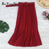 2020 Autumn Summer Women Skirt Midi With Belt Pleated Female Skirts Casual Luxury Korean Faldas Ladies Saias Chic