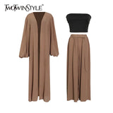 Loose Minimalist Three Piece Set For Women Slim Vest Lantern Long Sleeve Coat Wide Leg Pants Casual Sets Female