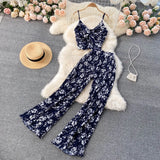 Women Summer Boho Floral Holiday Set V Neck Puff Sleeve Short Tops+High Waist Sexy Split Wide Leg Pants Two Pieces