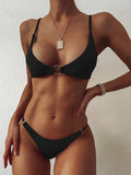 Summer Sexy Split Swimwear Suit Women Solid Color Metal Ring Decoration Brazilian Beach Vacation Swimwear Bikinis Set-Outfit