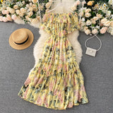 floral print Sexy ruffles Summer off shoulder chiffon long dress Party elastic waist Women casual beach holiday tunic