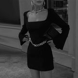 Square Collar Sexy Backless Chain Women's Mini Dresses Elegant Outfits for Long Sleeve Dress Fall