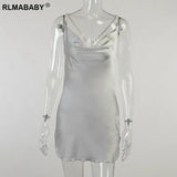 Women Sexy Backless Pearl Chain Mini Bodycon Dress Slim Pile Collar Split Night Club Party White Short Silk Satin