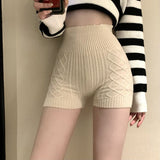 Womens Autumn Winter Skinny Basic Yoga Shorts Solid Color High Waist Knitted Slim Thighs Stretchy Short Pants-Outfit