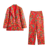 Big Flower Loose Suit Jacket Northeast Big Flower Cotton-Padded Jacket Leisure Trousers Suit-Outfit