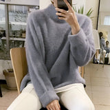 Plush Sweater Women Mohair Cashmere Soft Thicken Ladies Solid Color Pullover Turtleneck Jumper Knitted White