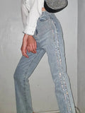 Women's Jeans High Waist Slim White ShinyDiamond Straight Denim Light Blue Pencil Pants 2024 Summer New Fashion 29L2979-Outfit