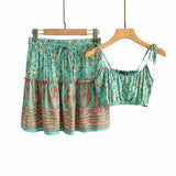 Floral Print 2 Piece Set Women Bohemian Ruffle Sexy Mini Dress Set Summer Straps Pleated Boho Dress Gypsy Beach Dress