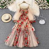 Embroidery Floral Mesh Dress for Women V-Neck Sexy Off Shoulder Holiday Camis Dress Ladies Long Robe Femme