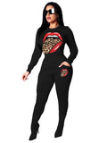 Women Two Piece Set Top and Pants Strech Skinny Mouth Print Active Wear Casual Outfit Macthing Sets Wholesale