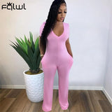 Fall Streetwear Black Pink One Piece Outfit Jumpsuit Women Short Sleeve V Neck Jumpsuits Wide Leg Fashion Bodycon