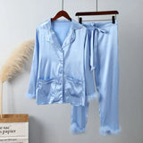 Wear Women Soft Feather Home Suit Button Up Top Slim Pants Two Piece Set 2022 Casual Pajama Elegant Lady Homewear