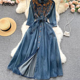 Vintage Embroidery Denim Maxi Dress Women Spring Lapel Pocket Lantern Sleeve Long Vestidos Belt Boho Beach Casual