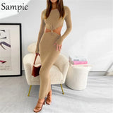 Khaki Cut Out Sexy Women Long Sleeve Bodycon Party Dress O Neck Club Backless Fashion Summer Autumn 2021 Wrap Long
