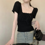 With Drawstring T-Shirt For Girls Summer New Retro French Style Collar Temperament Collar Collar Short Sleeve Top In