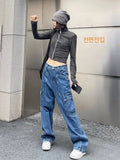 new style retro multi-pocket casual overalls Y2k women low-waist hip-hop slim loose couple straight pants-Outfit