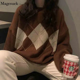 Fashion Oversized Pullover Women Sweater Knitted Winter Loose Argyle Sweater Korean College Jumper Women Plaid Sweater