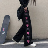 Black Korean Heart Print Pants Cute Girl Harajuku Trousers Female Streetwear Summer Autumn Fashion Gothic Sweatpants