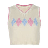 Sweat Cute Y2K Sleeveless Tank Sweater Vest Vintage Argyle Crop Top V Neck Jumper Women Plaid Preppy Style