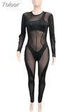 Black Jumpsuit Women Sexy Sheer Mesh Patchwork Long Sleeve Zipper Bodycon Romper Winter 2023 Elegant Night Club