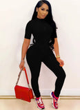 Sexy Turtleneck Short Sleeves Solid Zippers Skinny