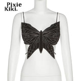 Rhinestone Butterfly Crop Top Y2k 90s Asymmetrical Backless Halter Tops Sexy Summer Black Tanks and Camis