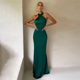 Women Satin Sleeveless Halter Midi Dress Bodycon Backless Sexy Party Club Elegant Evening Dresses Fall Winter