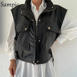 Fashion Waistcoat PU Leather Black Pocket Winter Jacket Women Tops 2020 Short Sleevless Autumn Khaki Coat Vest