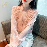 Han Queen Spring Basic Office Lady Blusa Embroidery Sweet Vintage Tops Elegant Chiffon Women Blouses Loose Casual Shirts-Outfit