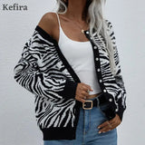 Autumn Fashion Zebra Striped Cardigan Women Sweater Long Sleeve O Neck Button Black Street Knitted Cardigans Winter
