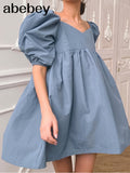 V-neck Loose Lantern Sleeve Mini Dress Fashion Blue Summer Women A-line dress 2022 Solid retro high waist