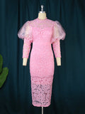 Lace Perspective Bubble Sleeve Seven-Sleeve Body-Repight Party Dress Dress Girl Party