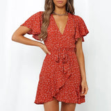 Summer Boho Style Printed Mini Dress Women Sexy V Neck Holiday Beach Dresses A Line Short Sleeve Ruffle Wrap Dress
