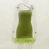 Hairy Pendulum Slanted Shoulder Strap Hip Dress Sexy Slim Spicy Girl Bare Back Fashion Skirt-Outfit