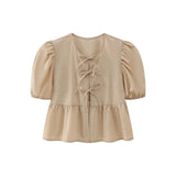 Women's Elegant Kawaii Summer Peplum Blouse Tops Short Puff Sleeve Round Neck Bow Tie-Up Front Babydoll Flare Shirts-Outfit