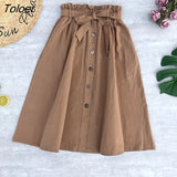 Elegant Skirts Womens Elastic Waist Buttons Bow Stretched Skirt With Pocket Female Casual Solid Color