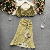 Women Red/Purple/Black Polka Dot Two Piece Set Summer Sexy Ruffle Short Drawstring Tops + High Waist Irregular Skirt 2pcs