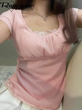 y2k Chiffon Crop Top Lace Trim Short Sleeve T Shirt O Neck Cute Sweet Pullovers Women Pink Summer Fairycore Basic