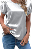 Summer Tops Woman Short Sleeve Silk Blouse Loose Casual O-Neck Solid Shirts Fashion Satin Clothing Elegant