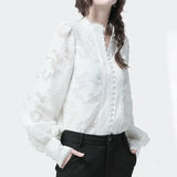 Lace Women's Shirts Lantern Long Sleeves Stand Collar Korean Shirt Blouse Female 2022 Autumn Fashion