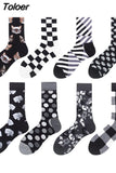 Harajuku Style Men Socks Black White Plaid Dot Cat Pattern Happy Socks New 2023 Hip Hop Combed Cotton