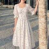 Elegant Floral Dress Women Sweet Chiffon Lace Midi Fairy Dress Female Frenc Casual Outdoor Korean Kawaii Dress 2021